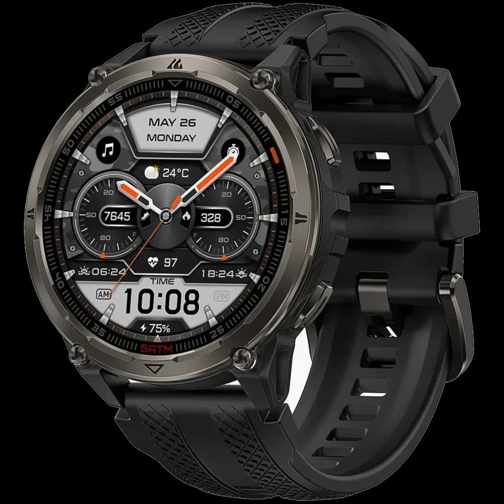 Reloj inteligente Kospet Orb 2 negro con correa de silicona, bisel metálico robusto, pantalla circular con esferas deportivas, botones laterales y hebilla