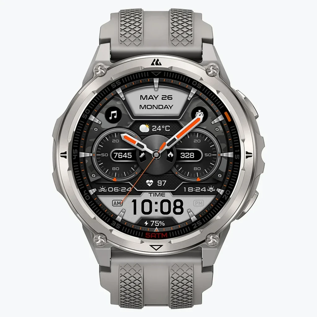 Reloj Kospet Orb 2 Plata con caja metálica plateada, bisel robusto, correa de silicona gris, pantalla circular con múltiples diales y botones laterales - Ítem2