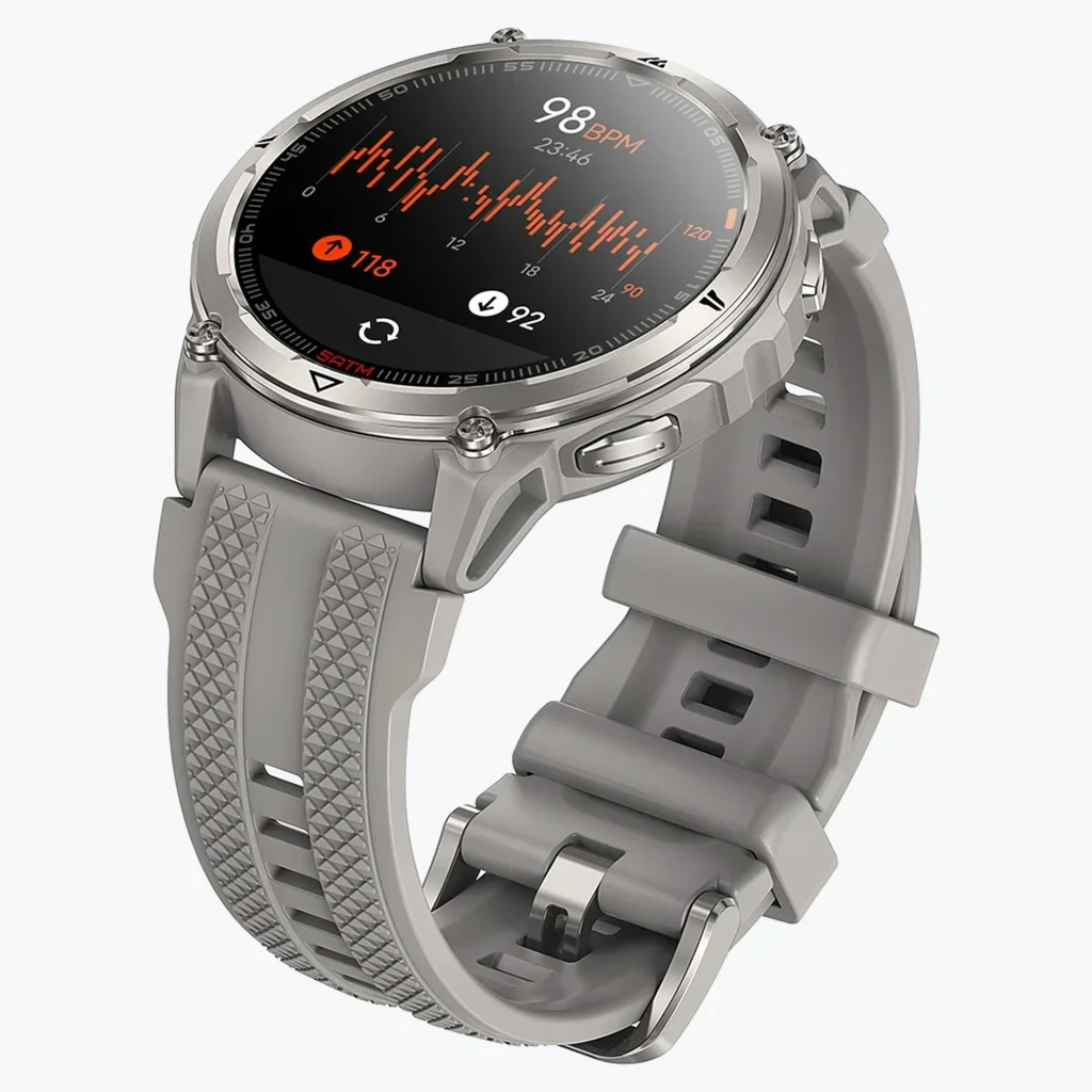 Reloj Kospet Orb 2 Plata con caja metálica plateada, bisel robusto, correa de silicona gris, pantalla circular con múltiples diales y botones laterales - Ítem3
