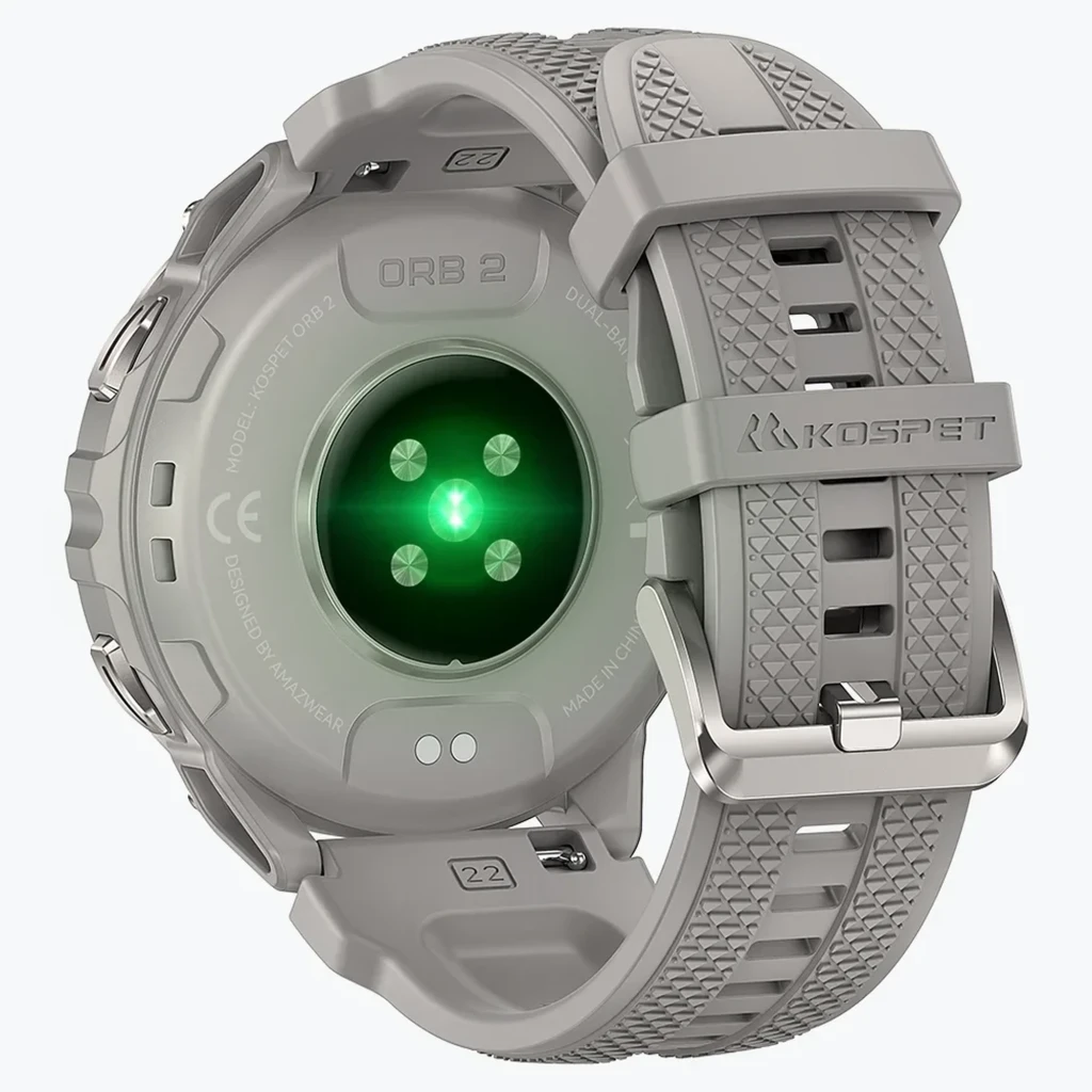 Reloj Kospet Orb 2 Plata con caja metálica plateada, bisel robusto, correa de silicona gris, pantalla circular con múltiples diales y botones laterales - Ítem5