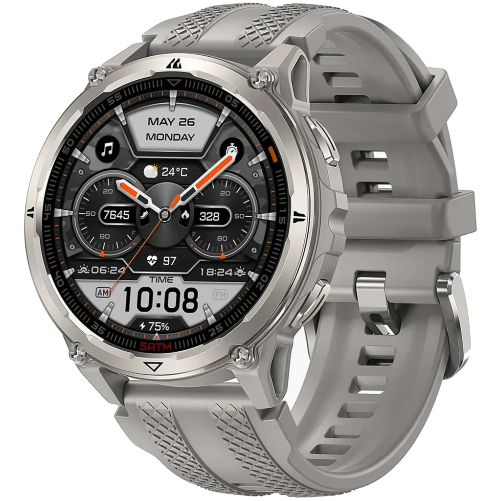 Reloj Kospet Orb 2 Plata con caja metálica plateada, bisel robusto, correa de silicona gris, pantalla circular con múltiples diales y botones laterales - Ítem