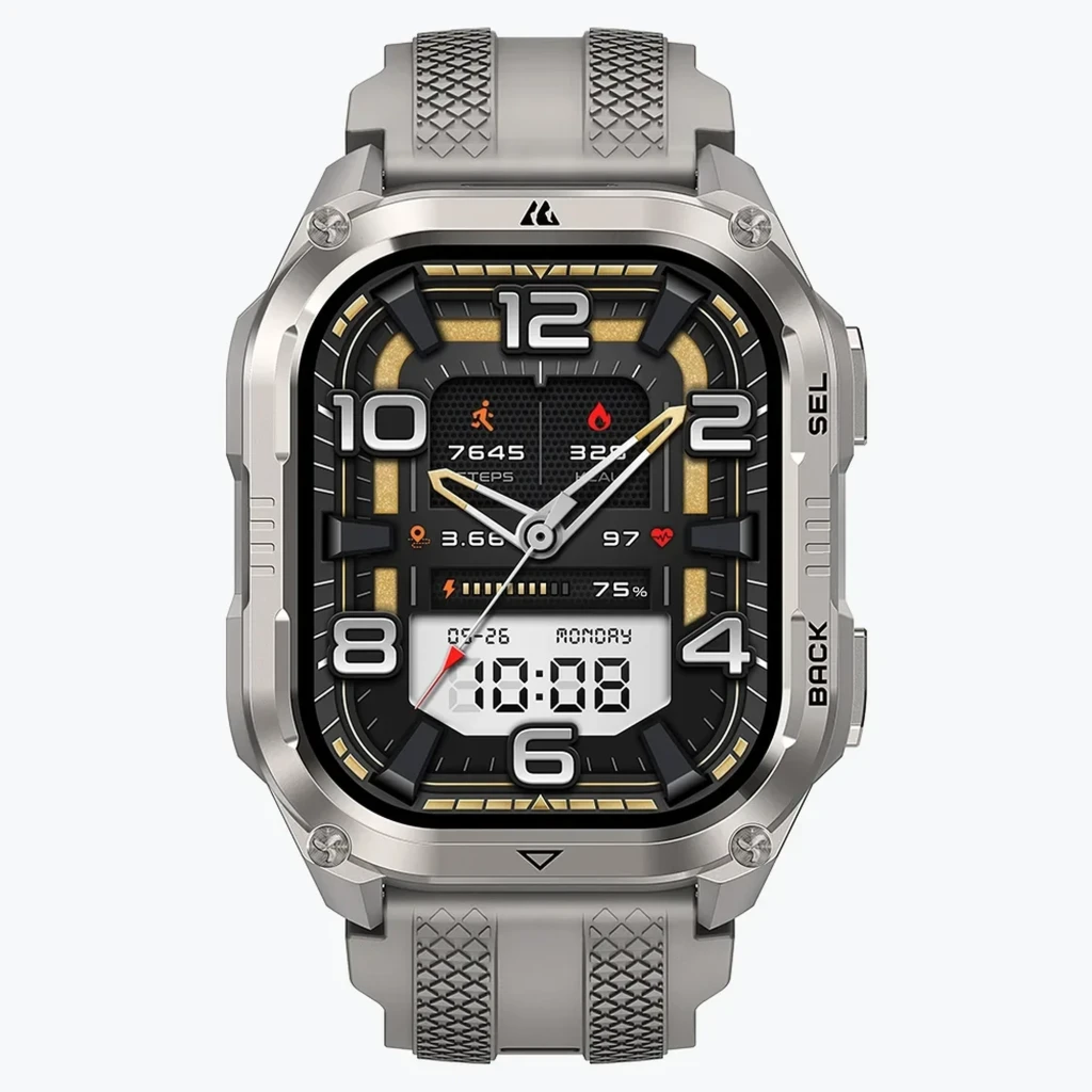 Reloj Kospet Pulse 2 Plata con caja metálica robusta, correa gris de silicona, pantalla con dígitos grandes, botones laterales y linterna LED integrada - Ítem1
