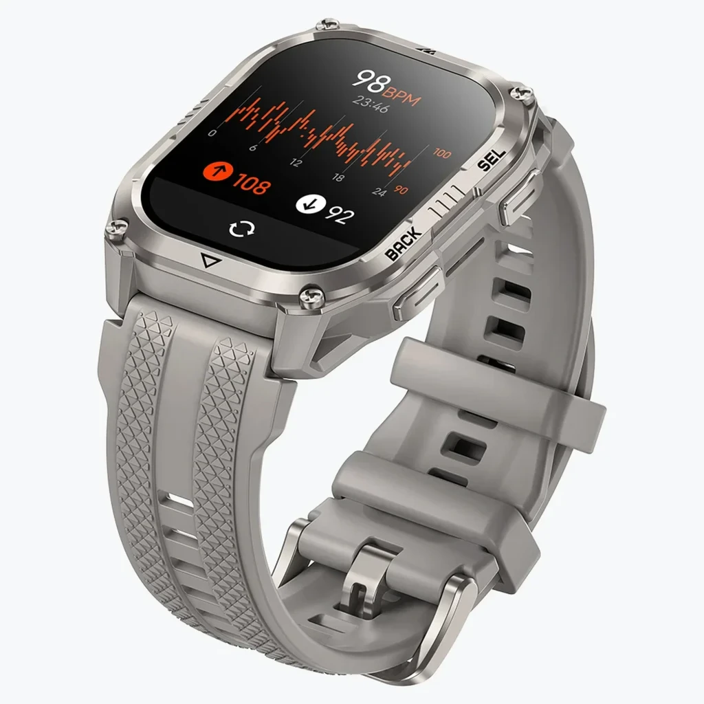Reloj Kospet Pulse 2 Plata con caja metálica robusta, correa gris de silicona, pantalla con dígitos grandes, botones laterales y linterna LED integrada - Ítem4