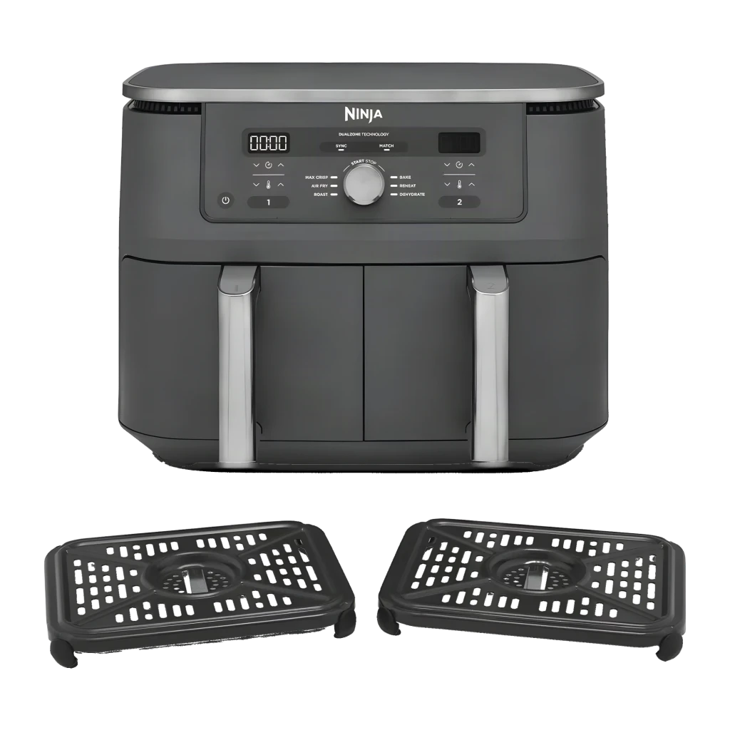 Freidora de Aire Ninja DZ400EU con doble cesta 9,5 L, panel digital con perillas y pantallas LED, 6 funciones. Acabado gris, asas ergonómicas, diseño robusto. - Ítem1