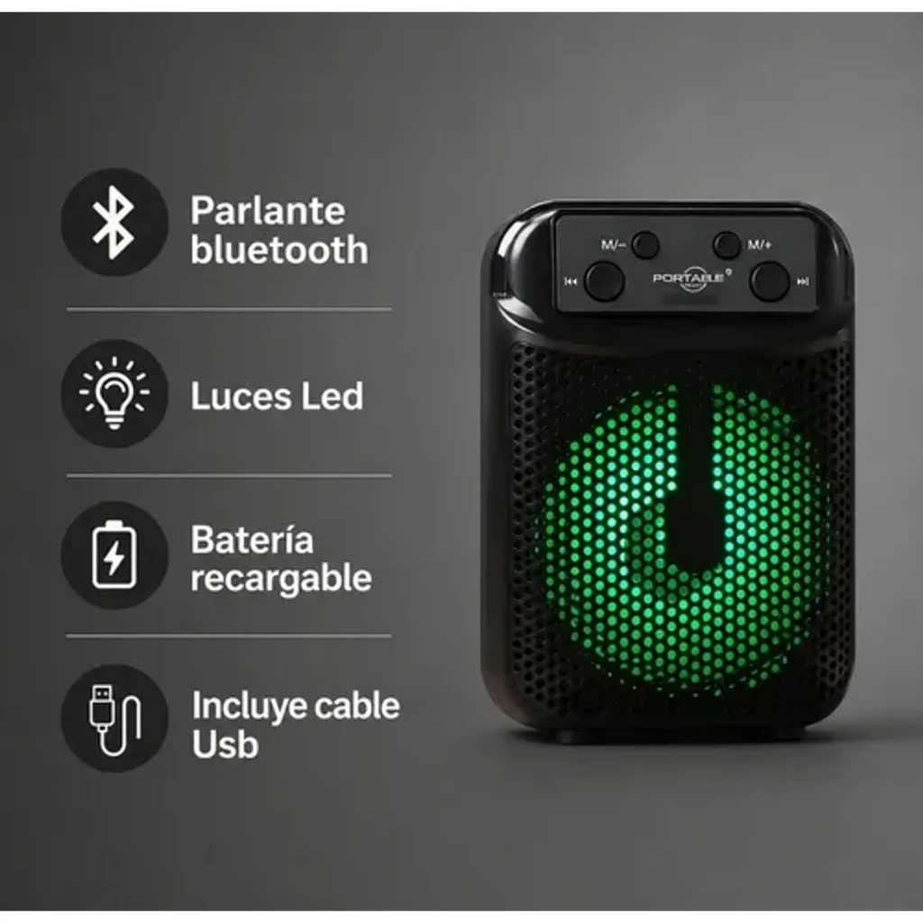 Coluna Bluetooth ORYX GTS-2288 5W recarregável com grelha preta e LED azul circular, painel superior com botões de controlo e formato portátil robusto - Item2