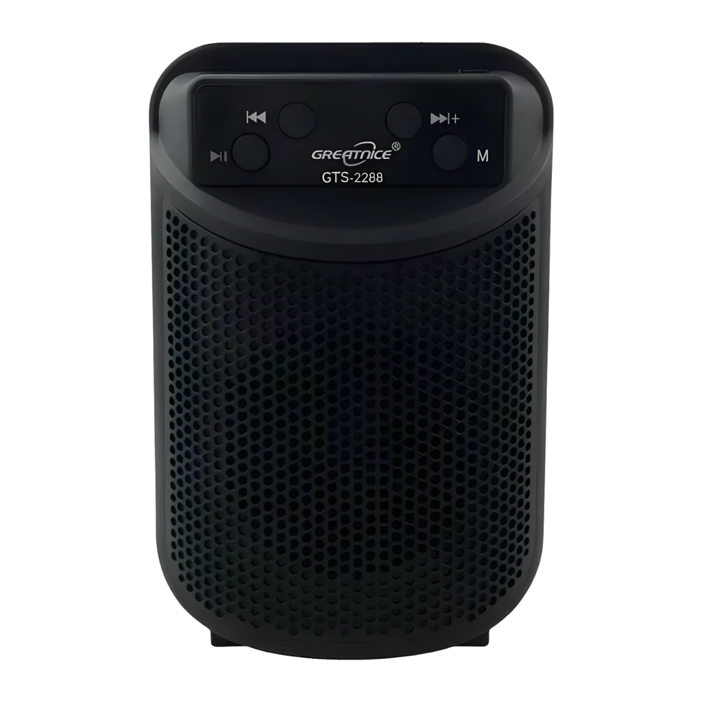 Coluna Bluetooth ORYX GTS-2288 5W recarregável com grelha preta e LED azul circular, painel superior com botões de controlo e formato portátil robusto - Item1