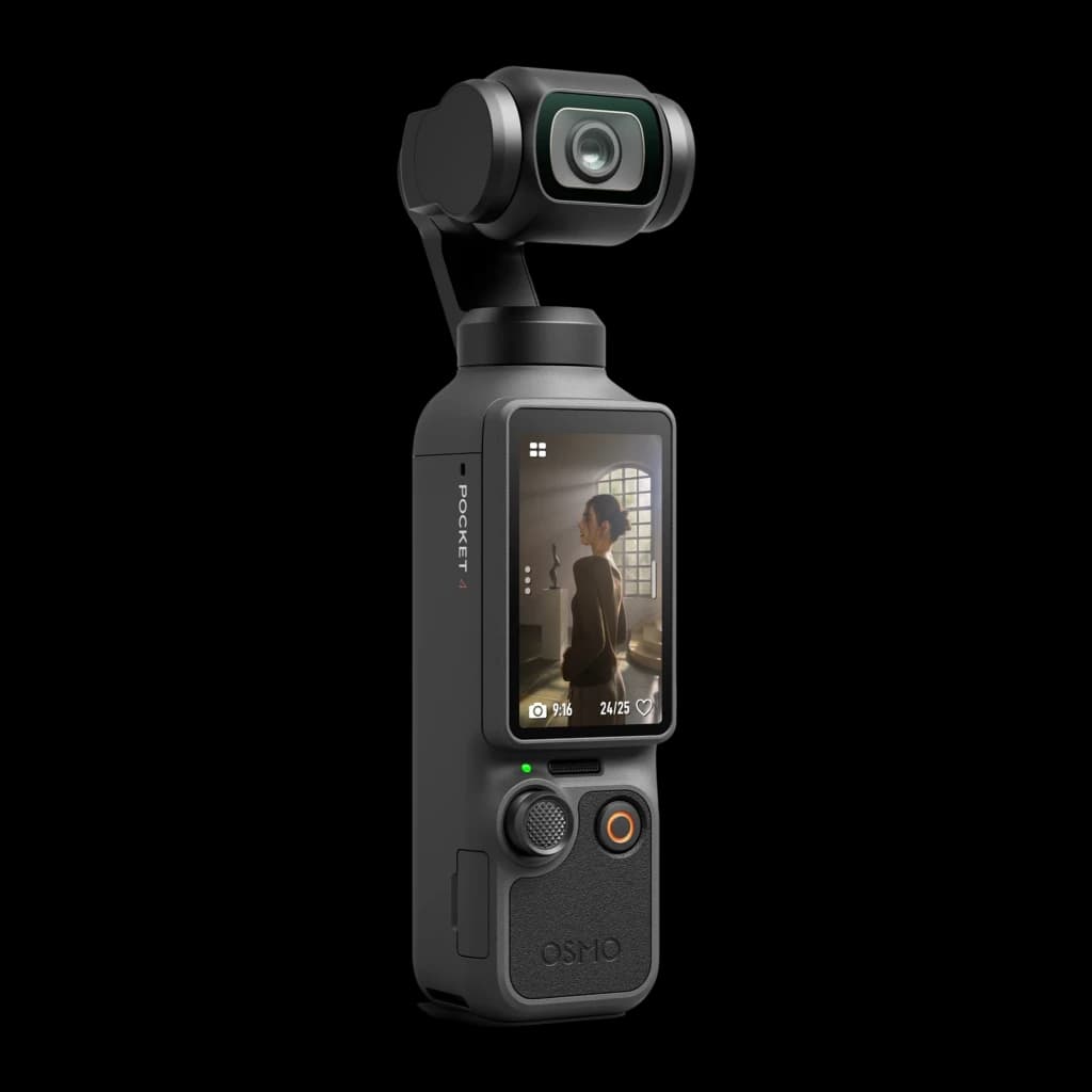 Câmara DJI Osmo Pocket 4 Essential Combo compacta com gimbal de 3 eixos, tela touch, botão de controle e lente grande angular para vídeo 4K estável