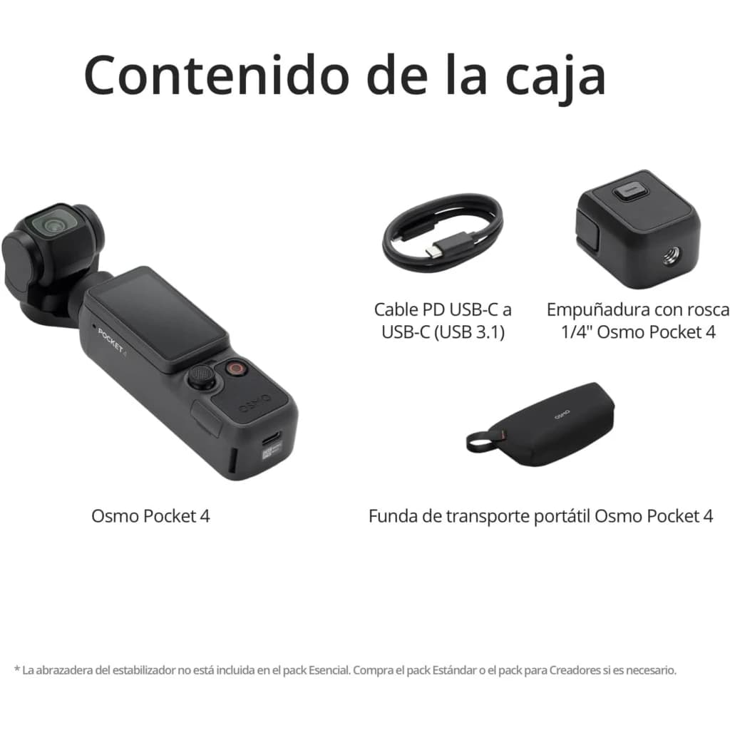 Câmara DJI Osmo Pocket 4 Essential Combo com gimbal de 3 eixos, tela integrada, botão de gravação, case de transporte, cabo USB-C e empunhadura 1/4