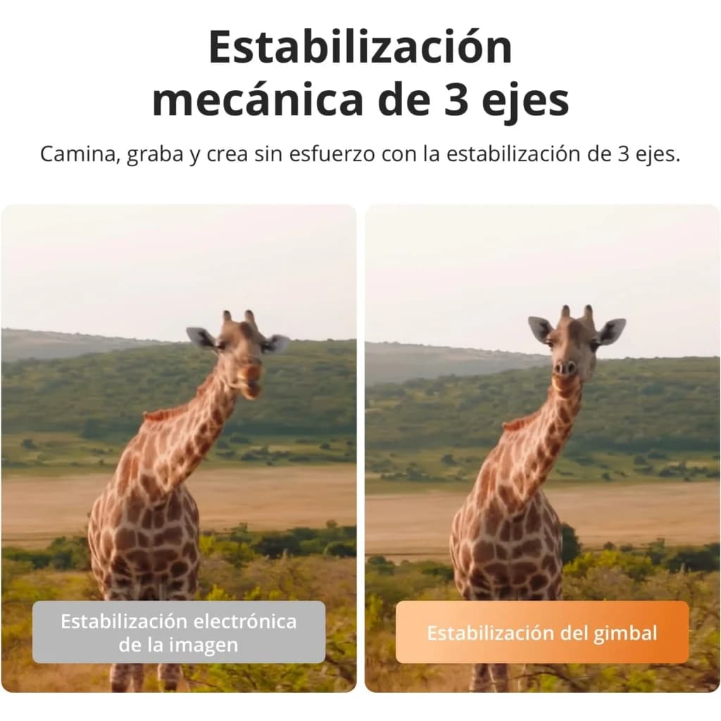 Câmara DJI Osmo Pocket 4 Essential Combo com gimbal de 3 eixos, 4K, 240fps e 37MP; mostra comparação de estabilização eletrônica vs gimbal