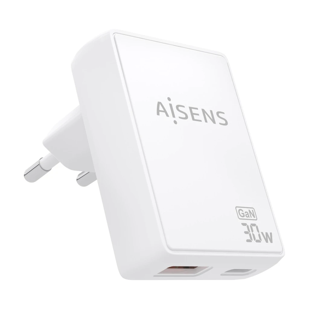 Chargeur AISENS ASC-30W2P074-W GaN 30W blanc, compact, prise européenne, 1 port USB-C et 1 port USB-A, logo AISENS visible, finition mate élégante - Ítem1