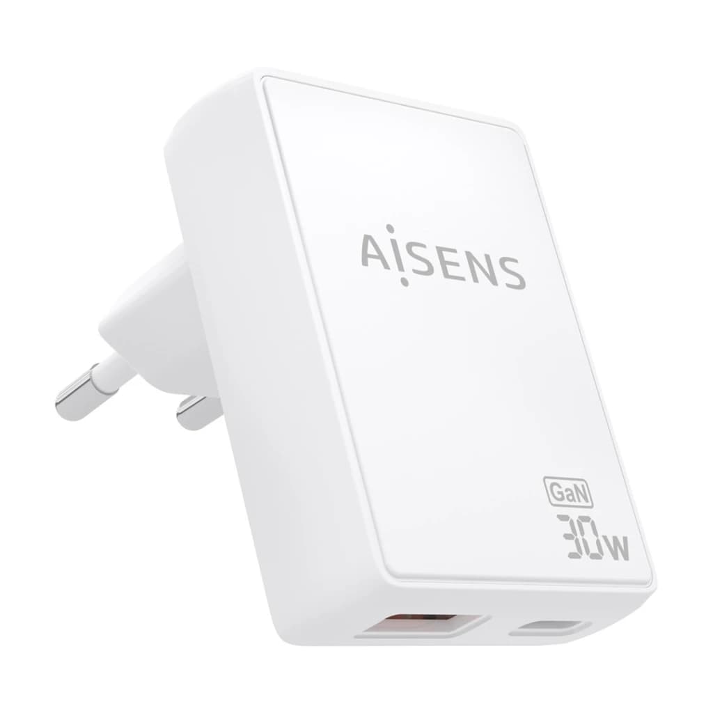 Carregador AISENS ASC-30W2P074-W GaN 30W branco, compacto, ficha europeia, 1 porta USB-C e 1 USB-A na base, logotipo AISENS frontal