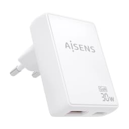 Carregador AISENS ASC-30W2P074-W GaN 30W branco, compacto, ficha europeia, 1 porta USB-C e 1 USB-A na base, logotipo AISENS frontal
