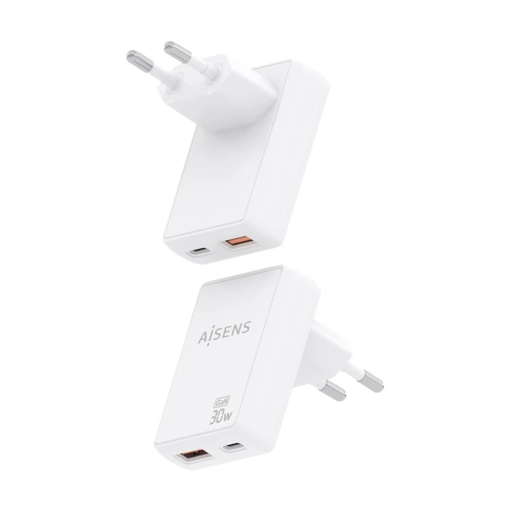 Chargeur AISENS ASC-30W2P074-W GaN 30W blanc, compact, prise européenne, 1 port USB-C et 1 port USB-A, logo AISENS visible, finition mate élégante - Ítem2