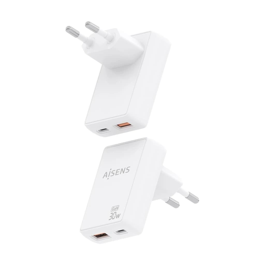 Carregador AISENS ASC-30W2P074-W GaN 30W, compacto e branco, com 1 porta USB-C e 1 USB-A, ficha europeia e logotipo AISENS visível na carcaça