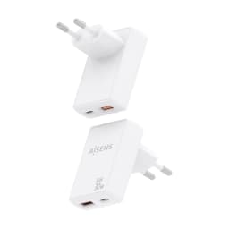 Carregador AISENS ASC-30W2P074-W GaN 30W, compacto e branco, com 1 porta USB-C e 1 USB-A, ficha europeia e logotipo AISENS visível na carcaça