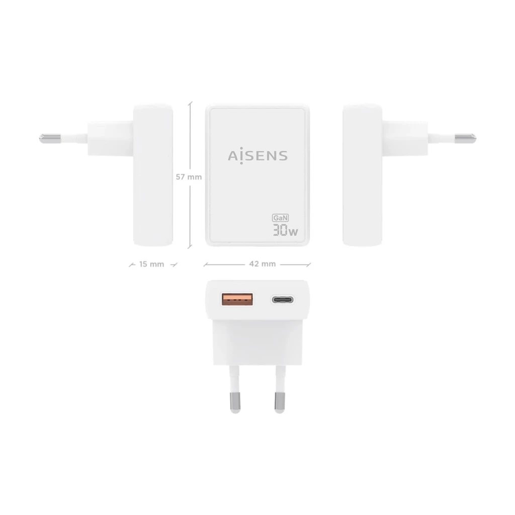 Chargeur AISENS ASC-30W2P074-W GaN 30W blanc, compact, prise européenne, 1 port USB-C et 1 port USB-A, logo AISENS visible, finition mate élégante - Ítem3