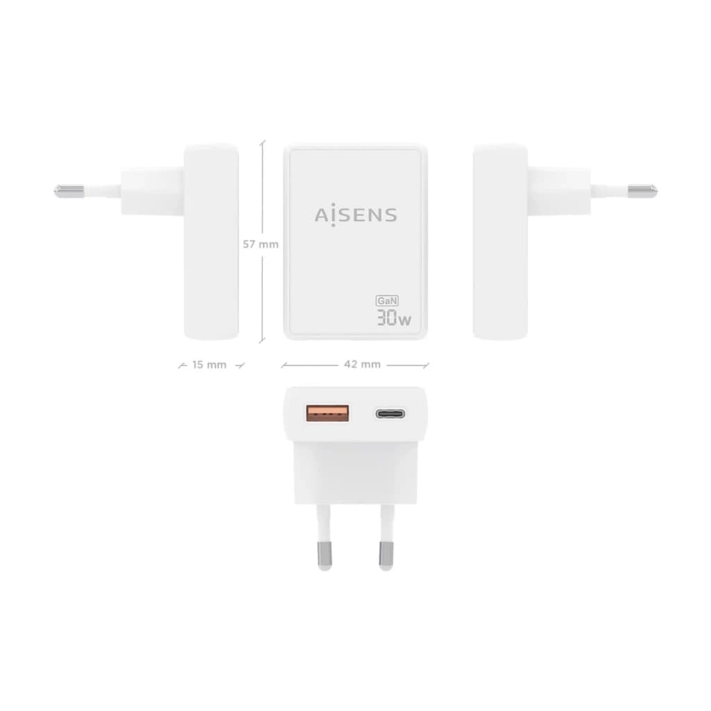 Carregador AISENS ASC-30W2P074-W GaN 30W, compacto branco, plugue europeu, 57x42x15 mm, 1 porta USB-C e 1 porta USB-A laranja