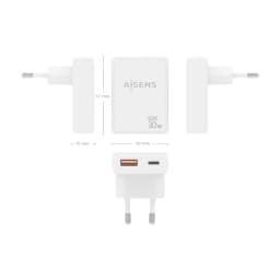 Carregador AISENS ASC-30W2P074-W GaN 30W, compacto branco, plugue europeu, 57x42x15 mm, 1 porta USB-C e 1 porta USB-A laranja