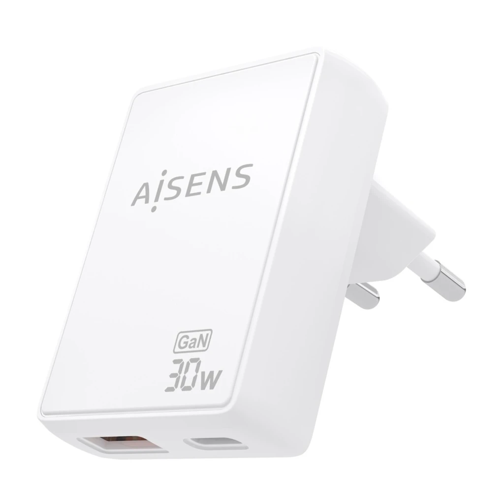 Chargeur AISENS ASC-30W2P074-W GaN 30W blanc, compact, prise européenne, 1 port USB-C et 1 port USB-A, logo AISENS visible, finition mate élégante - Ítem