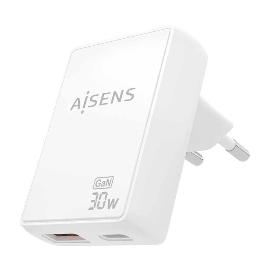 Carregador AISENS ASC-30W2P074-W GaN 30W branco, compacto, com 1 porta USB-C e 1 USB-A, ficha europeia, acabamento mate e logótipos frontais