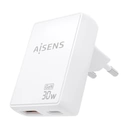 Carregador AISENS ASC-30W2P074-W GaN 30W branco, compacto, com 1 porta USB-C e 1 USB-A, ficha europeia, acabamento mate e logótipos frontais