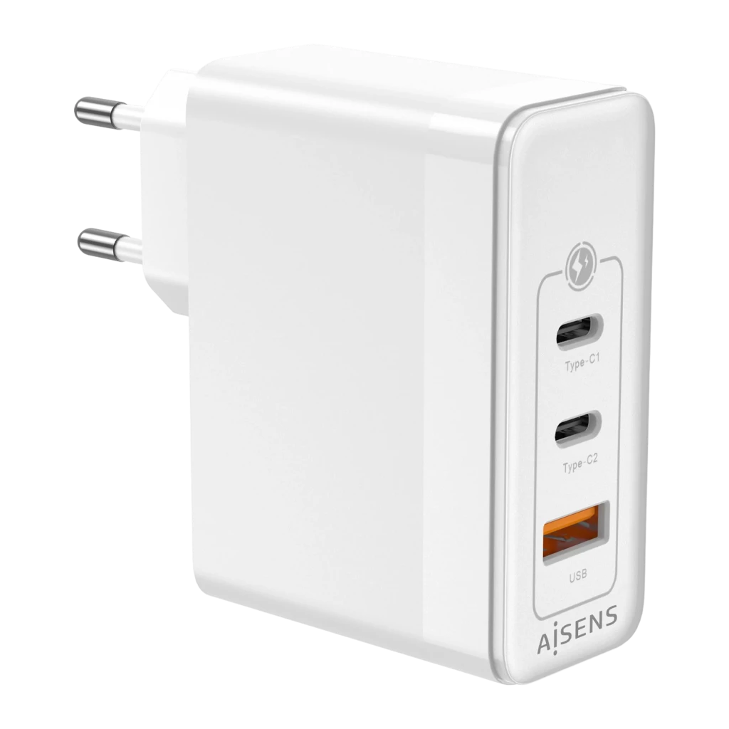 Chargeur mural blanc compact GaN 100 W avec deux ports USB C étiquetés C1 et C2, un port USB A orange, voyant LED vert et fiches européennes fixes - Ítem1