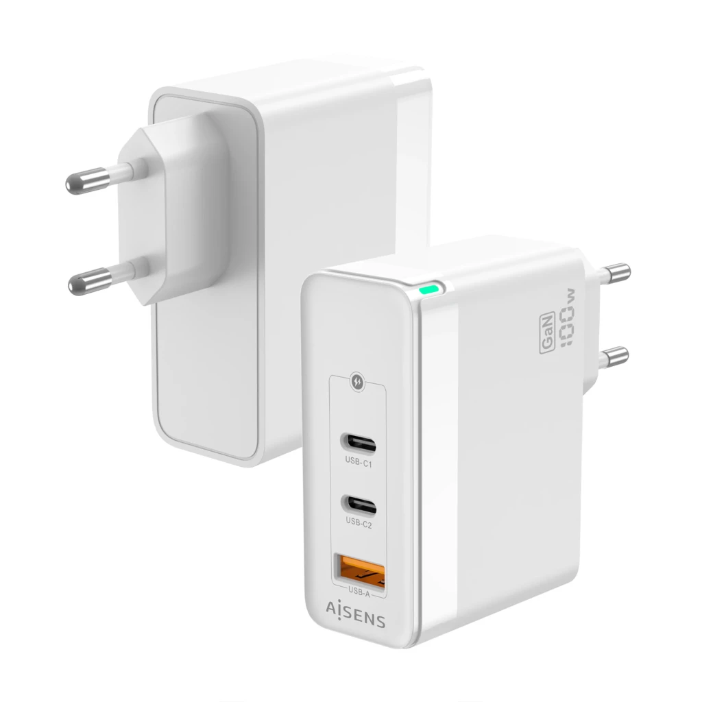 Chargeur mural blanc compact GaN 100 W avec deux ports USB C étiquetés C1 et C2, un port USB A orange, voyant LED vert et fiches européennes fixes - Ítem2