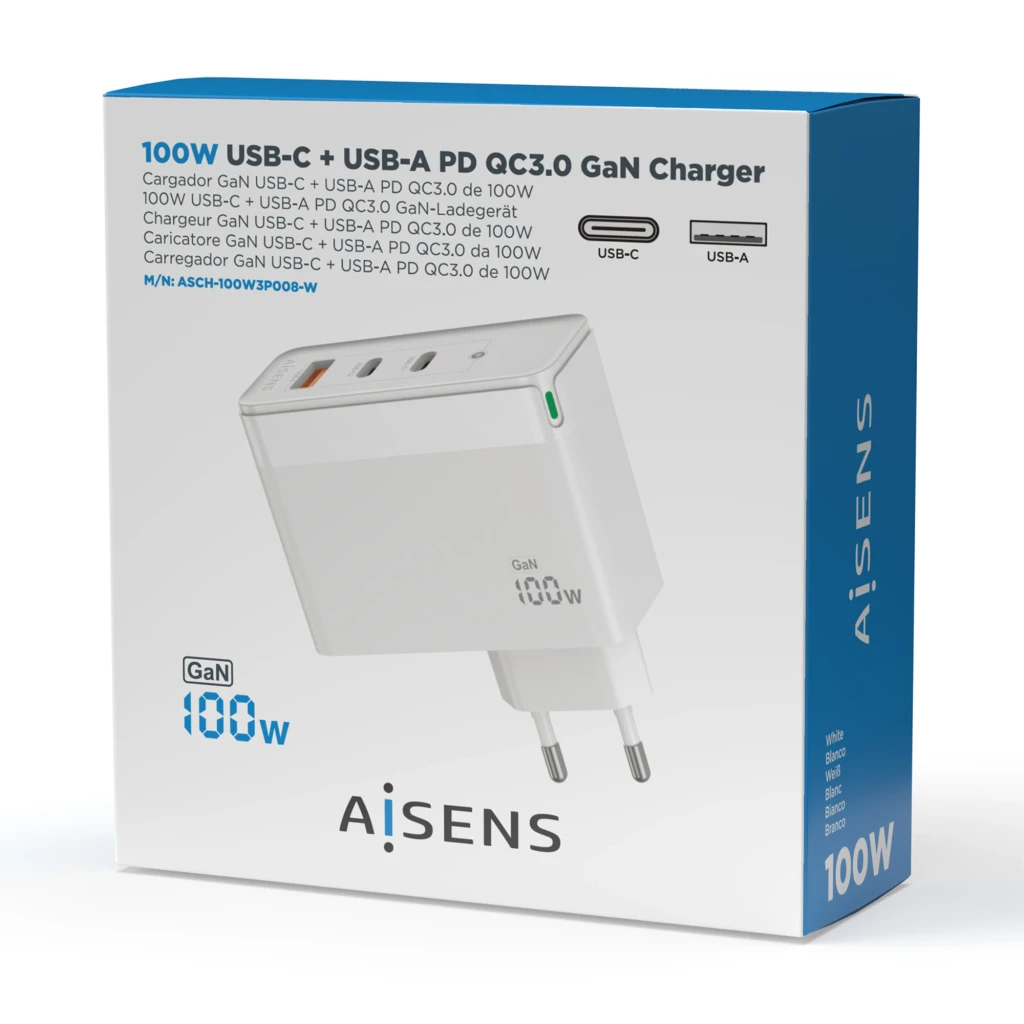 Chargeur mural blanc compact GaN 100 W avec deux ports USB C étiquetés C1 et C2, un port USB A orange, voyant LED vert et fiches européennes fixes - Ítem3