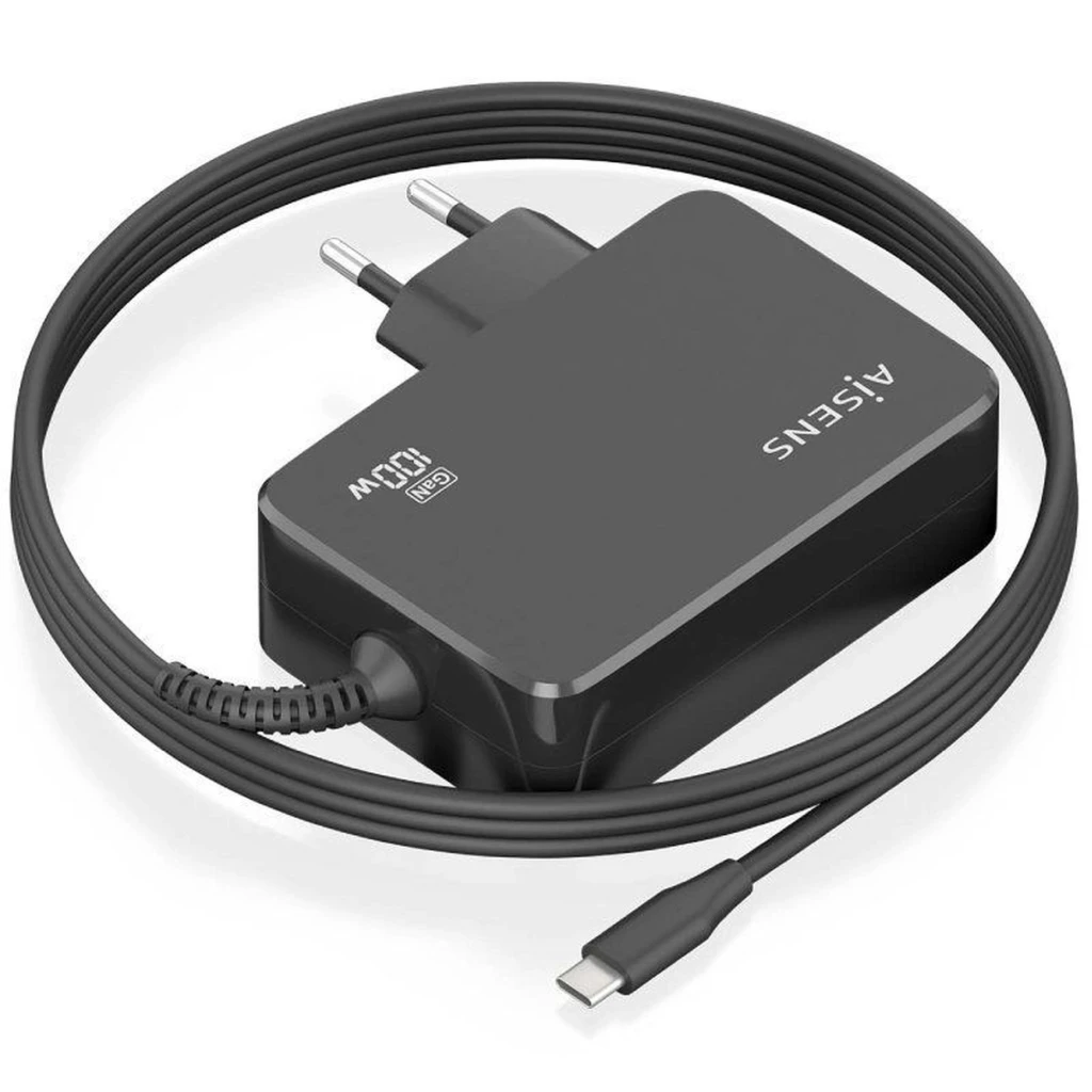 Cargador Aisens ASCH-1PD100WL50-BK GaN 100W con enchufe europeo, un puerto USB-C y cable largo integrado, diseño compacto en color negro - Ítem1