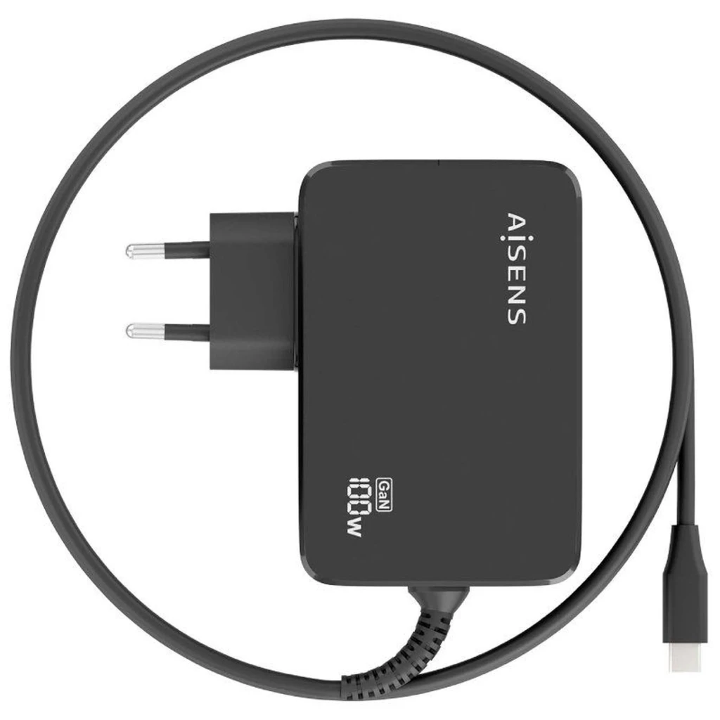 Cargador Aisens ASCH-1PD100WL50-BK GaN 100W con enchufe europeo, un puerto USB-C y cable largo integrado, diseño compacto en color negro - Ítem2