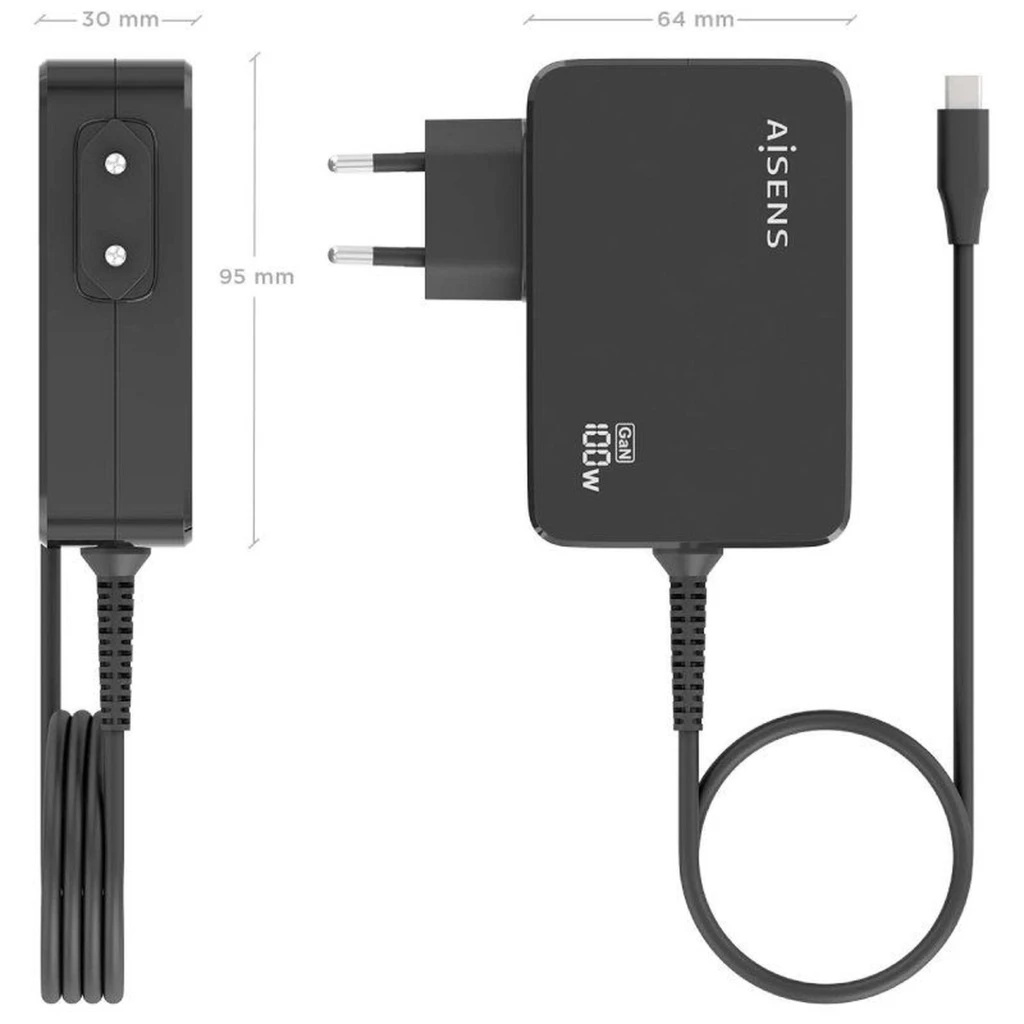 Cargador Aisens ASCH-1PD100WL50-BK GaN 100W con enchufe europeo, un puerto USB-C y cable largo integrado, diseño compacto en color negro - Ítem3