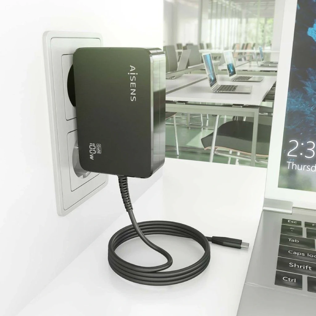 Cargador Aisens ASCH-1PD100WL50-BK GaN 100W con enchufe europeo, un puerto USB-C y cable largo integrado, diseño compacto en color negro - Ítem4