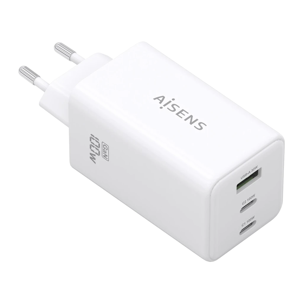 Chargeur AISENS GaN 100W compact, blanc, prise EU. Trois ports frontaux 2x USB-C dont 100W et 1x USB-A vert. Logo GaN 100W latéral, finitions lisses. - Ítem1