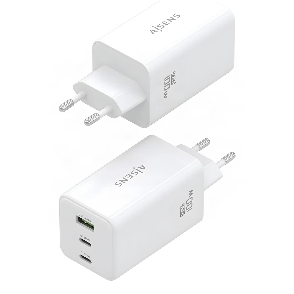 Chargeur AISENS GaN 100W compact, blanc, prise EU. Trois ports frontaux 2x USB-C dont 100W et 1x USB-A vert. Logo GaN 100W latéral, finitions lisses. - Ítem2