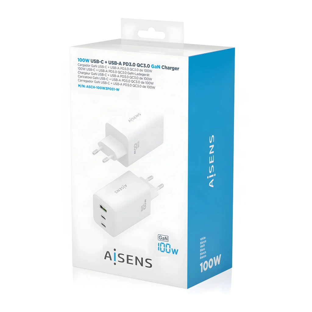 Chargeur AISENS GaN 100W compact, blanc, prise EU. Trois ports frontaux 2x USB-C dont 100W et 1x USB-A vert. Logo GaN 100W latéral, finitions lisses. - Ítem5