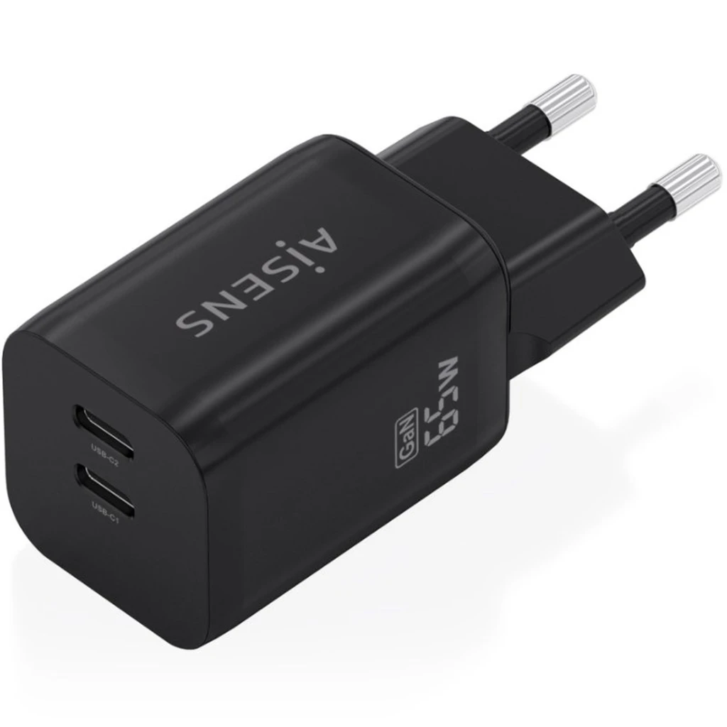 Chargeur AISENS A110-1030 GaN 65W noir, compact, prise EU, deux ports USB-C empilés, logo latéral, finition mate, idéal pour smartphones et laptops - Ítem1