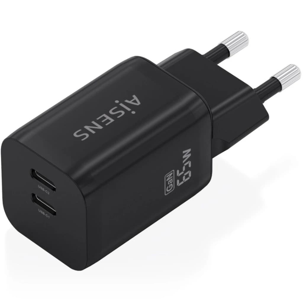 Carregador AISENS A110-1030 GaN 65W preto, compacto, com 2 portas USB-C frontais, fichas europeias prateadas e logotipos GaN 65W e AISENS visíveis