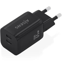 Carregador AISENS A110-1030 GaN 65W preto, compacto, com 2 portas USB-C frontais, fichas europeias prateadas e logotipos GaN 65W e AISENS visíveis