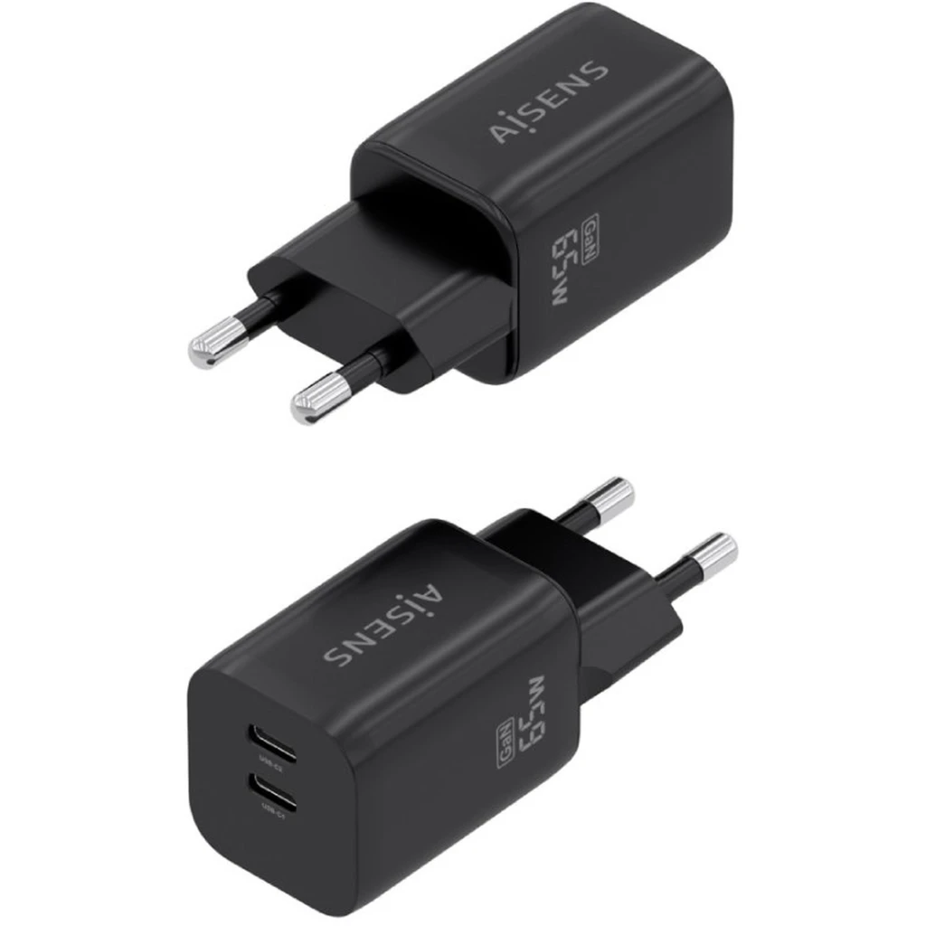Chargeur AISENS A110-1030 GaN 65W noir, compact, prise EU, deux ports USB-C empilés, logo latéral, finition mate, idéal pour smartphones et laptops - Ítem2