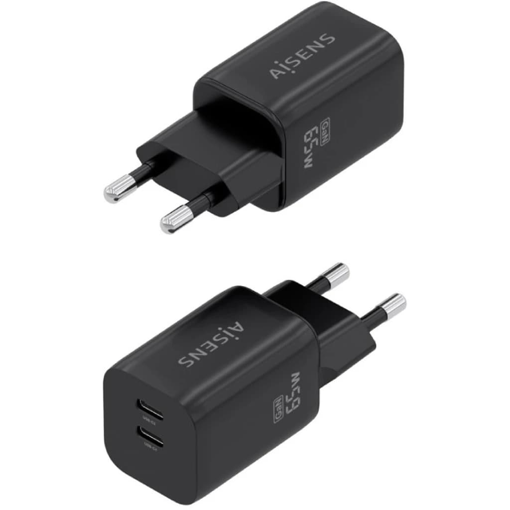 Carregador AISENS A110-1030 GaN 65W compacto em preto, com 2 portas USB-C frontais e plugue europeu, design minimalista e acabamento fosco