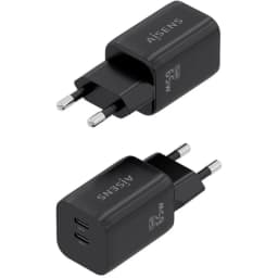 Carregador AISENS A110-1030 GaN 65W compacto em preto, com 2 portas USB-C frontais e plugue europeu, design minimalista e acabamento fosco