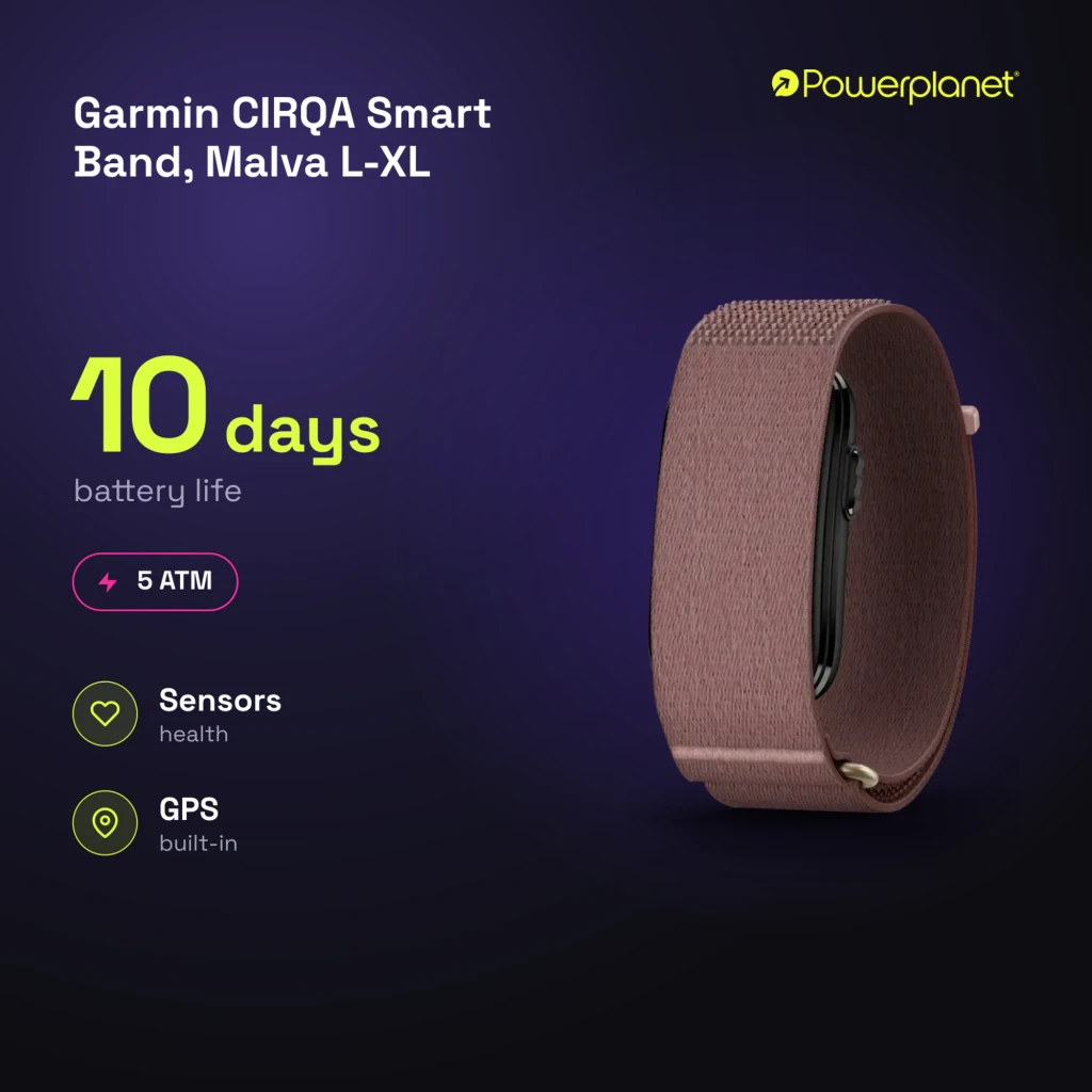 Garmin CIRQA Smart Band Malva L-XL roxo, vista lateral: pulseira têxtil em loop e cápsula preta lateral - Item5