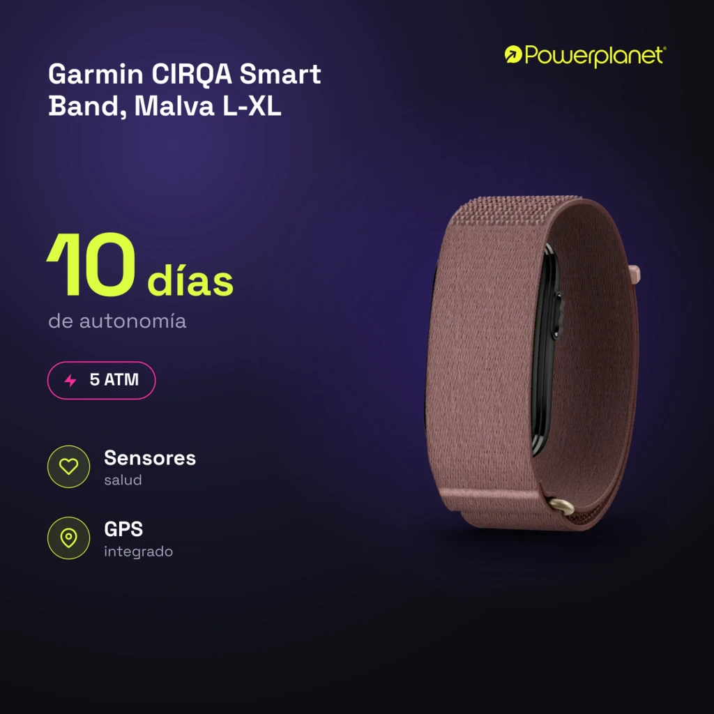 Garmin CIRQA Smart Band Malva L-XL roxo, vista lateral: pulseira têxtil em loop e cápsula preta lateral - Item4