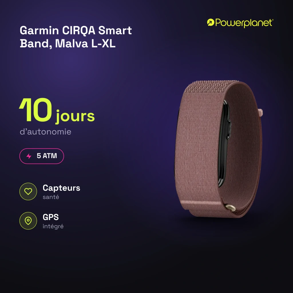 Garmin CIRQA Smart Band Malva L-XL roxo, vista lateral: pulseira têxtil em loop e cápsula preta lateral - Item6