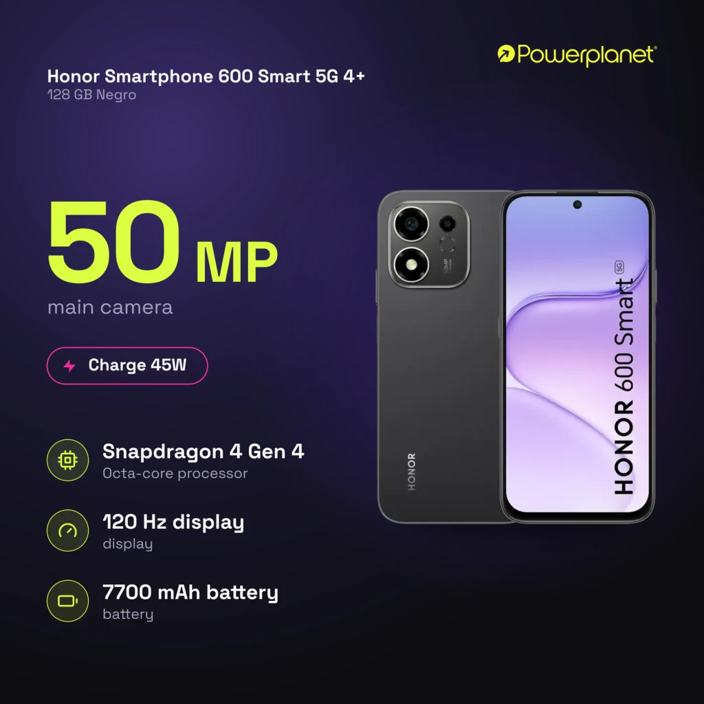Honor 600 Smart 5G negro con pantalla IPS 6,87 pulgadas, biseles finos y cámara dual trasera con flash; batería 7700 mAh y 4GB/128GB - Ítem1