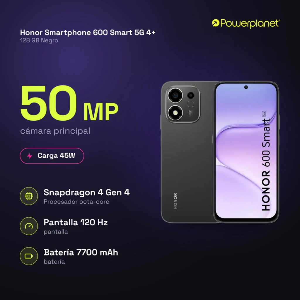 Honor 600 Smart 5G negro con pantalla IPS 6,87 pulgadas, biseles finos y cámara dual trasera con flash; batería 7700 mAh y 4GB/128GB - Ítem4