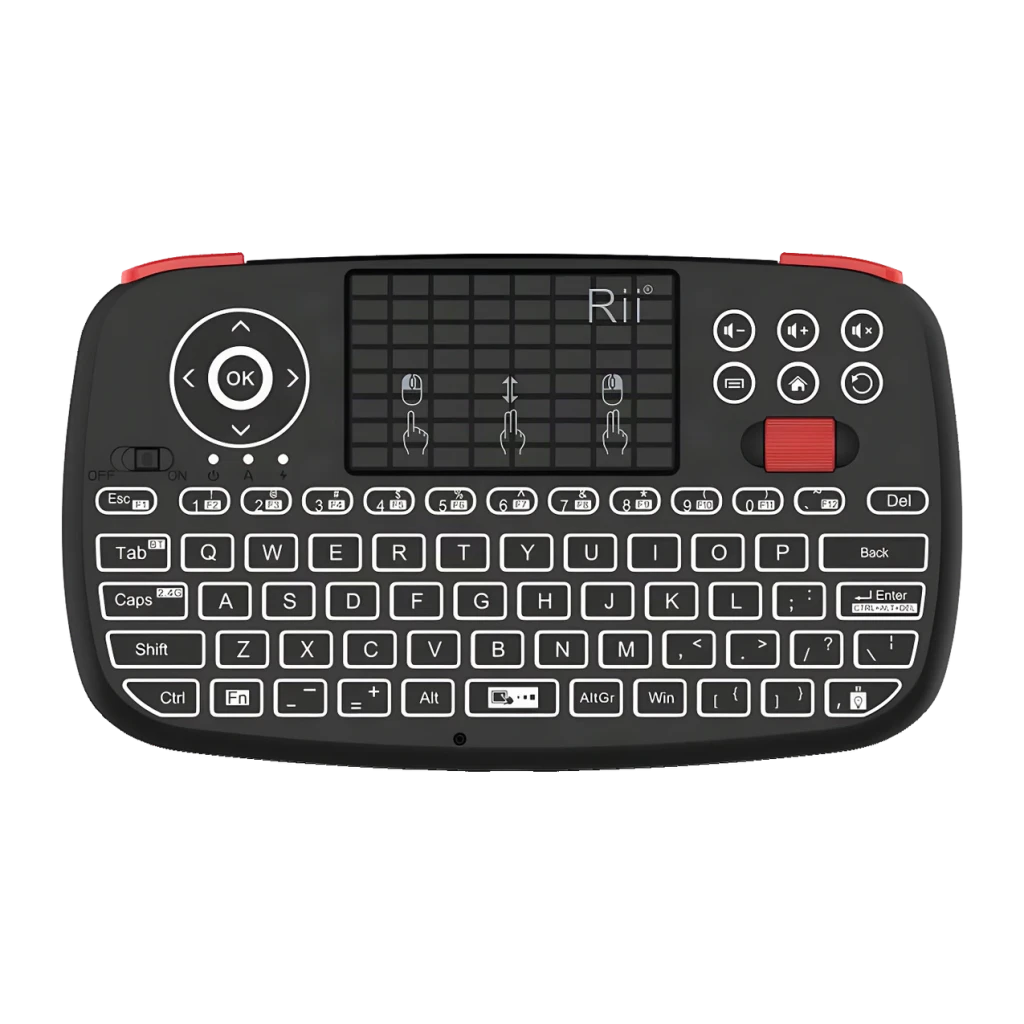 Teclado sem fios Rii i4 Mini Preto Bluetooth Touchpad integrado, vista frontal: touchpad central, d-pad, teclas QWERTY