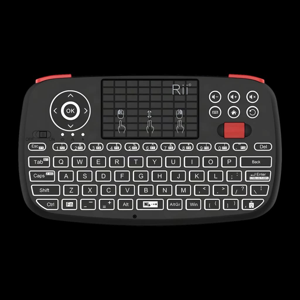 Teclado sem fios Rii i4 Mini Preto Bluetooth Touchpad integrado, vista frontal: touchpad central, d-pad, teclas QWERTY