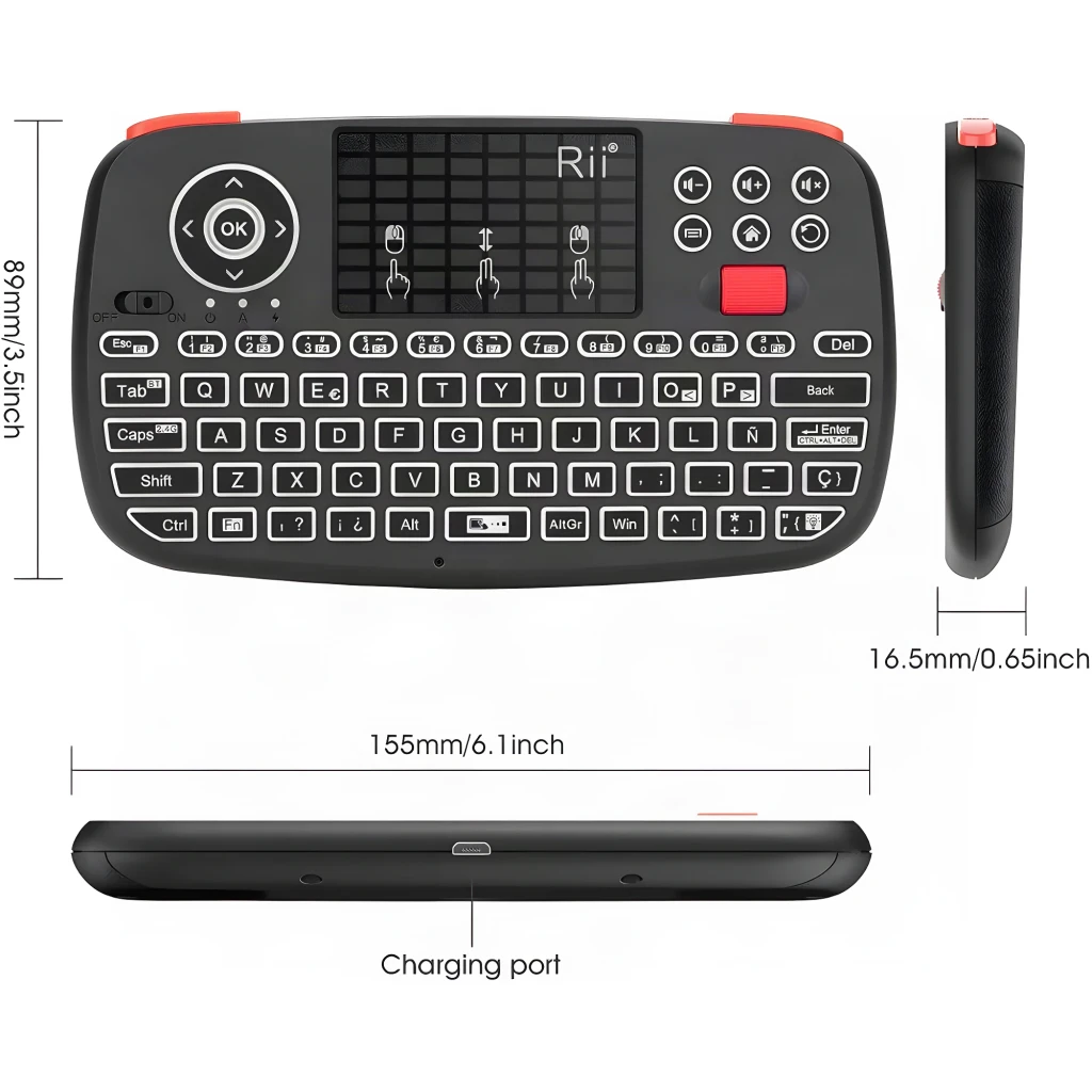 Teclado sem fios Rii i4 Mini Preto Bluetooth Touchpad integrado, vistas cotadas: superior, lateral e inferior com porta