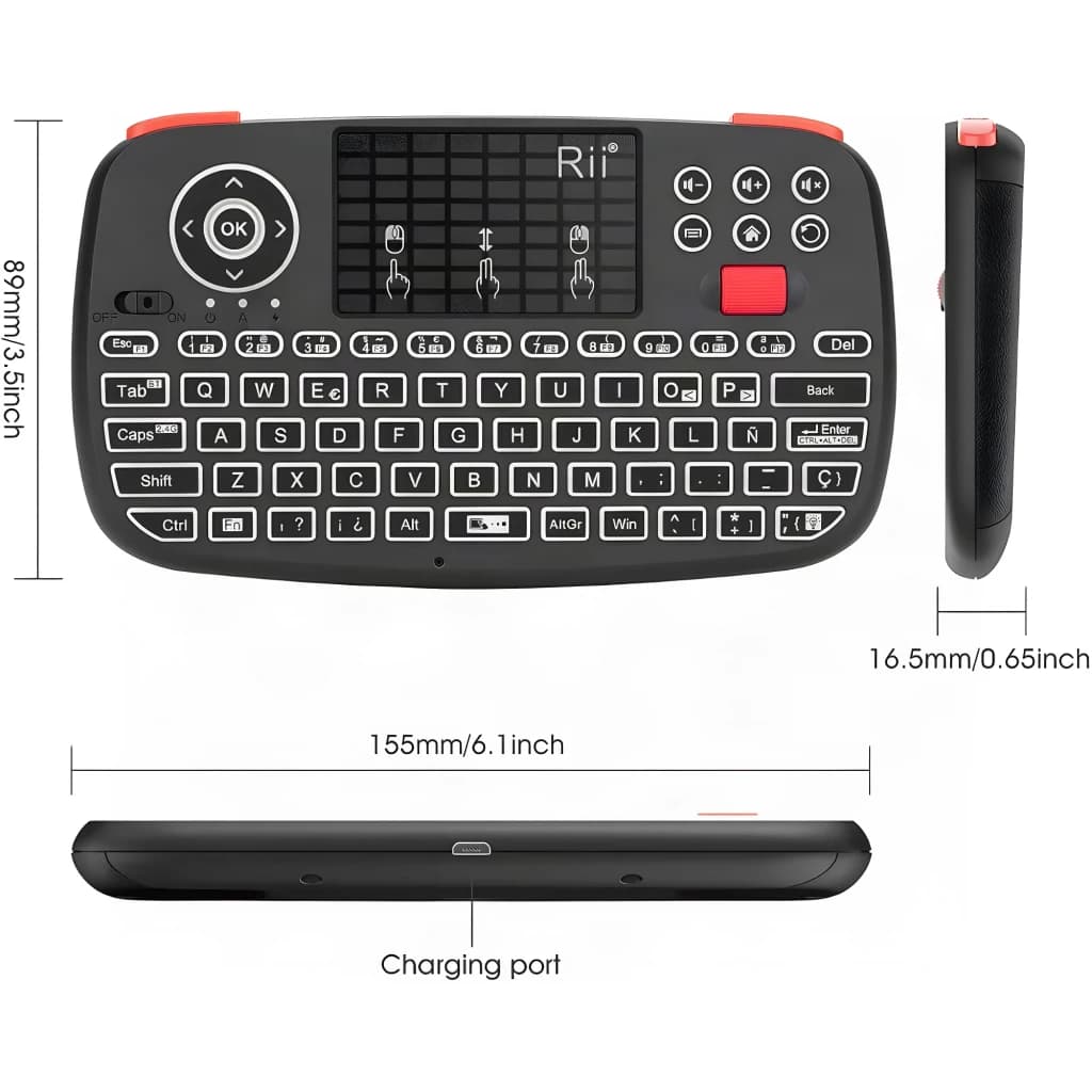 Teclado sem fios Rii i4 Mini Preto Bluetooth Touchpad integrado, vistas cotadas: superior, lateral e inferior com porta